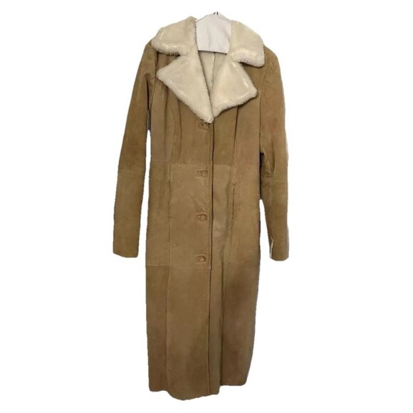 VTG Y2k Penny Lane Suede Leather Afghan Shearling Long Coat Hippie Boho Chic 6 - Picture 1 of 16